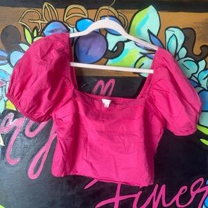 Sim & Sam Squareneck Short Puff Sleeve Crop Top Hot Pink Size Medium